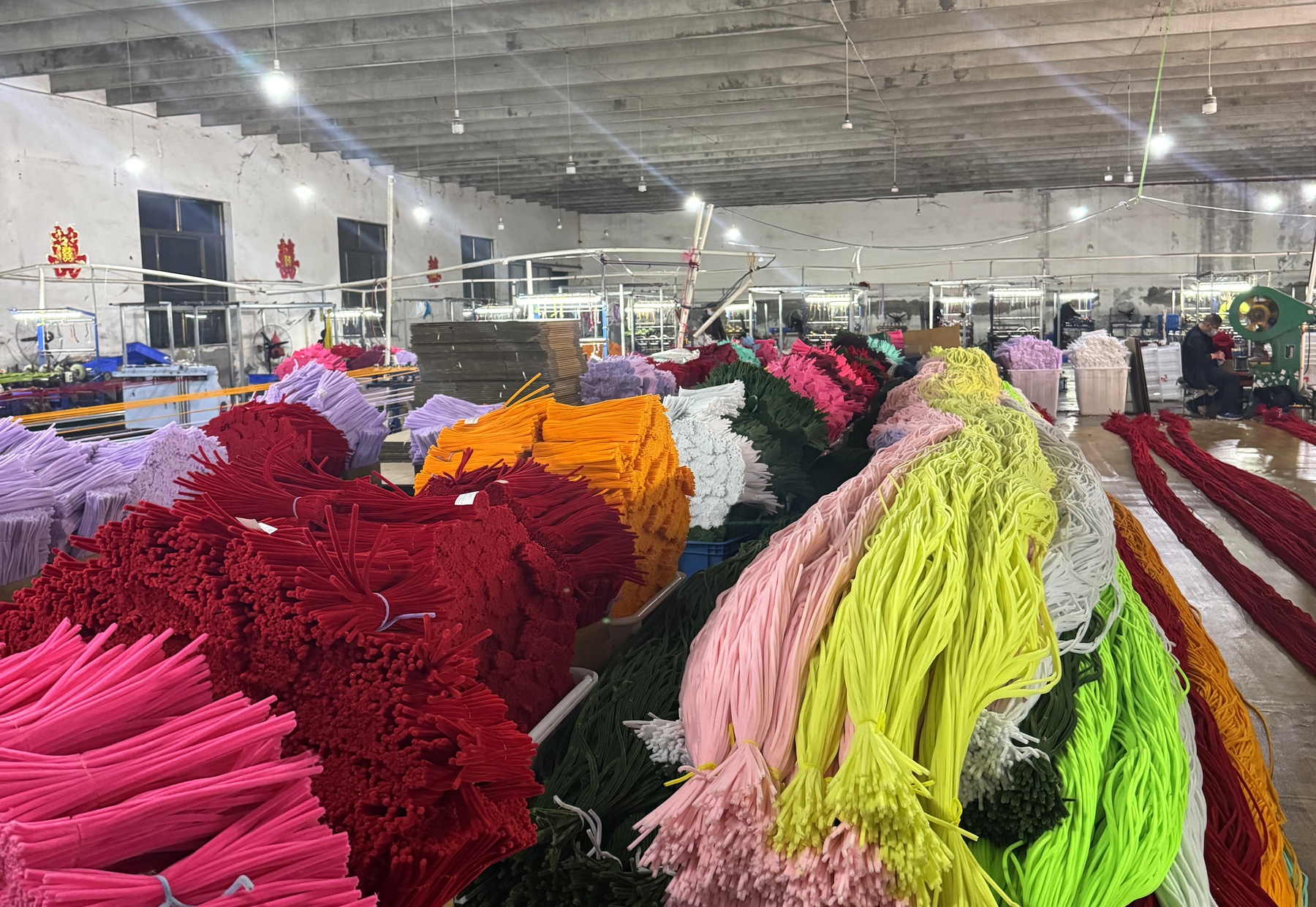 Large selection of colorful chenille stems in the factory