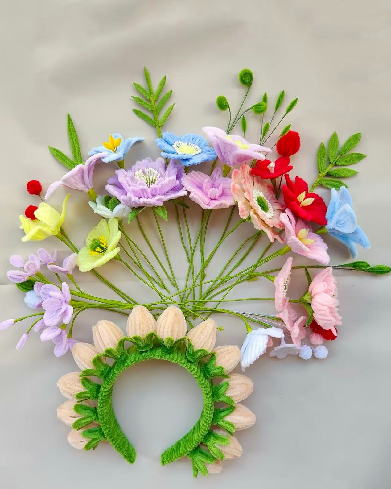 Floral headbands and flowers made from chenille stems